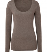 Effortlessly feminine, this super soft long sleeve tee from Majestic is a new-season must-have basic - Scooped neckline, long sleeves, stitched trim - Loosely fitted - Pair with printed skinny jeans, a boyfriend blazer, and ankle booties