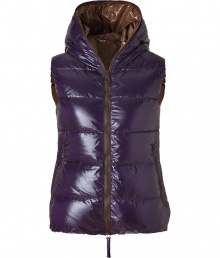 Sporty and sleek, this slim down vest from Duvetica is a cold weather must-have - Hood with decorative zipper trim, dual-zip front closure, sleeveless, zip pockets, quilted - Slim fit - Wear with an oversized pullover, leather leggings or skinny jeans, and booties