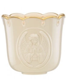 Add a glow to your home with this votive candle holder from Lenox, featuring an embossed angel with her hands clasped in prayer. With scalloped gold trim.