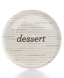 Get the right idea. Sweet and inspired, the Dish of the Day cookie platter features sturdy porcelain printed with dozens of delicious dessert options, from gingersnaps to pecan bars. A guaranteed crowd pleaser from Martha Stewart Collection. (Clearance)