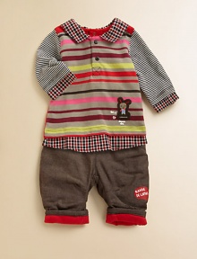 This handsome set for baby comes with a striped polo shirt with back snaps and matching, red-lined pants with logo detail. Shirt Pointed collarLong sleevesBack snapsShirttail hem Pants Elastic waistPatch pocketShirt: cottonPants: polyesterMachine wash or dry cleanMade in France of imported fabric Please note: Number of snaps may vary depending on size ordered. 