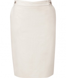 Elegant skirt in fine, ivory linen and cotton blend - Classic, curve-hugging pencil cut hits just above the knee - Belt loops and decorative button embellishment at waist - Side pockets and zip closure - Kick pleat and welt pocket at rear - Pair with a button down, dressy tank or short sleeve sweater and flat sandals, wedges or peep toe pumps