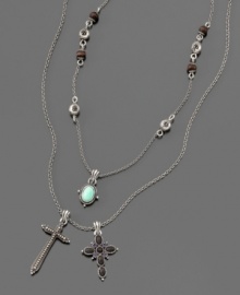 The ultimate in fashion jewelry with ecclesiastical style: this Lucky Brand Jeans necklace features two stylized crosses, wooden and enamel bead and a bright green stone charm. Necklace can be worn doubled. Approximate length: 19 inches with 2-inch extender. Approximate drop: Approximate drop: 1-3/4 inches.