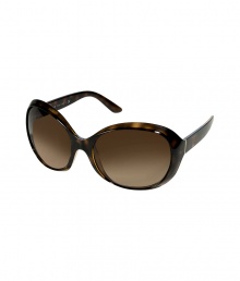 Blend out the sun in glamorous style in Pradas oversized gradient sunnies - Tonal brown mock tortoise wrap-around plastic frames, gradient brown lenses, gold-toned metal insert and logo stamp at temples - Lens filter category 3 - Comes with a logo embossed hard carrying case