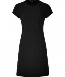 Bring understated sophistication to your office-ready look with this snap-detailed LBD from Jil Sander Navy - Round neck, short sleeves, snap detailing at shoulders, A-ling silhouette, slit pockets with snaps, back belt with buttons, concealed back zip closure - Style with a cashmere cardigan and peep-toe heels