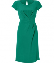 Luxe dress in fine, pure emerald green silk - Incredibly soft, lightweight fabric hangs beautifully - Fitted bodice with round neck and cap sleeves - Decorative gathering at bust and flattering drape at waist - Key hole detail and elegant, eye-catching ruffle embellishment at back - Slim, straight skirt hits at knee - Zips at side - Chic and vibrant, ideal for parties, cocktails and evenings out - Pair with sandals or heels and a statement clutch