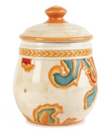 A fresh twist on a familiar pattern, the Carissa Paisley condiment jar by Fitz and Floyd pairs oversized paisleys with rope detailing and a rustic tan finish.