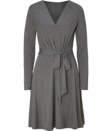 This elegant dress brings a sophisticated look to the office with ease - Made of fine grey synthetic stretch for a feminine, flattering fit - Narrow silhouette with wrap effect, simple v-neck, long sleeves and knee-length hem - Sash belt highlights the waist and soft folds of skirt bring gentle movement - Wear to the office with texture tights and favorite heels or flats