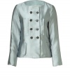 Elegant jacket in a fine polyester-silk blend - Fashionable box-shape cut in iced mint green - Lightweight - Wide waist belt at back - Double row of buttons, multiple pockets - Excellent jacket for spring - Try with slim pants, pencil skirt or cocktail dresses