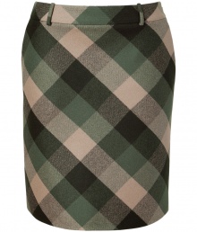 With a classic plaid print, this wool skirt from Salvatore Ferragamo will elevate your workweek chic -  Wide waistband, belt loops, off-seam pockets, fitted silhouette, concealed side zip closure -  Wear with a cashmere turtleneck, a neutral-hued cape, and classic pumps