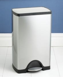 Maintain your kitchen's clean, modern lines with simplehuman's deluxe trash can. The rectangular shape fits unobtrusively in the corner, while advanced lidshox(tm) technology uses air suspension shocks to control the lid for a slow, quiet close. 10-year warranty.