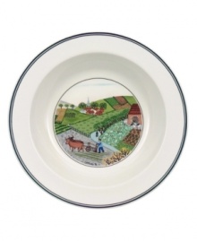 A farmer plows his way through the countryside on this Design Naif rim cereal bowl, featuring premium Villeroy & Boch porcelain.