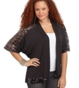 Glimmer from day to night with ING's elbow sleeve plus size cardigan, featuring sequined trim.