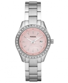 With a classic steel structure, this glitzy Fossil watch amps up the style with a hot pink dial and stone accents.