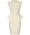 Sculptural and futuristic, this ultra-chic sheath from Hakaan boasts a figure-enhancing peplum and a flattering fitted silhouette - Round neck, sleeveless, pleated panels at bust, pencil skirt with peplum panels, concealed back zip closure - Wear with statement heels and an embellished clutch