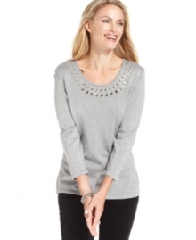 Add sparkle to your wardrobe with JM Collection's metallic-knit sweater, complete with rhinestone embellishment.