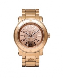 Opulence you can rely on. This HRH watch by Juicy Couture is crafted of rose-gold tone stainless steel bracelet and round case with logo-etched bezel. Rose-gold tone dial with textured inner dial features applied numerals and stick markers, minute track, luminous hands and iconic crown logo. Quartz movement. Water resistant to 30 meters. Two-year limited warranty.