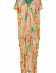 Give your beach-ready holiday look a boost with this ultra-luxe embellished kaftan from Matthew Williamson Escape - Necklace-inspired jewel-encrusted neckline, short sleeves, draping at front, relaxed column silhouette, all-over tropical print - Style with a bikini and platform sandals for effortless chic