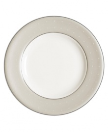 Start out any dinner in style with this fine china bread and butter plate. From innovative designer Monique Lhullier's collection of dinnerware and dishes, it features a pearlescent border with glossy raised dots and a fine stitch-like pattern.