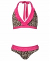 Warm weather purr-fection. This two-piece swimsuit from Pink Platinum stylishly combines modern animal print with sweet solid color for a look that you'll easily be able to spot in the crowd.