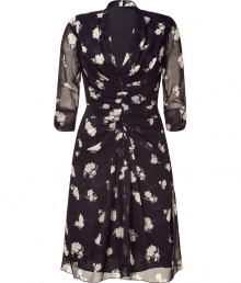 Luxe dress in fine black-patterned silk features a beautiful floral print on the light, flowing fabric - Feminine silhouette with v-neckline and draped front - Fashionable 3/4-length sleeves - Slightly flared skirt for a pleasant thigh length that is perfect for the office or evening events - Pair with peep-toe pumps and sandals