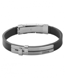 Get a positive ID on this trendy style. ID tags in stainless steel feature the Fossil logo, while a black polyurethane band wraps around the wrist. Secures with an adjustable clasp. Approximate length: 8 inches.