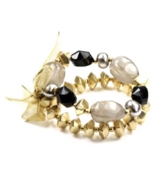 In the mix. A chic combination of plastic beads adorn this double-row stretch bracelet from Jones New York. Made in gold tone mixed metal, the stretch design lets it slip on and off with ease. Item comes packaged in a signature gift box. Approximate diameter: 2-1/2 inches.