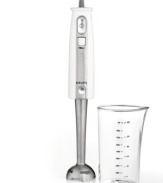 Meet you're in to great prep & amazing taste! Minimize the mess with this chopping, pureeing and blending tool, which lets you mix and make in the same dish you cook and bake in. Including a measuring beaker, the variable speed do-it-all is easy to use and packed with power. 1-year limited warranty. Model GPA10142.