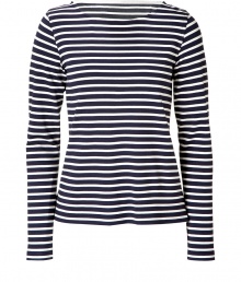 Work a nautical edge into your casual favorites with Theorys navy and white striped top - Boat neckline, long sleeves - Fitted - Wear with bright white separates and timeless leather accessories