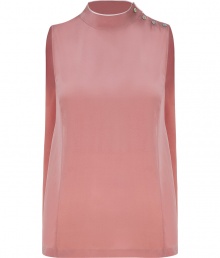 Stylish sleeveless top in pure, pale rose silk - Incredibly feminine and flattering - Lightweight, supremely soft fabric falls beautifully - Small, stand-up collar with button detail at left shoulder - Elegant drape at back and sides - On-trend, A-line silhouette - Seamlessly transitions from day to evening - Pair with slim jeans, a pencil skirt or leather pants