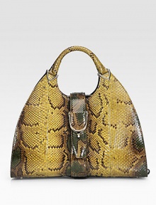 Genuine python, finished with side strap details and a stirrup strap closure.Double top handles, 5 drop Stirrup snap and side hook closures Protective metal feet Inside zip, snap, cell phone and PDA pockets Leather lining 15½W X 9½H X 6½D Made in Italy