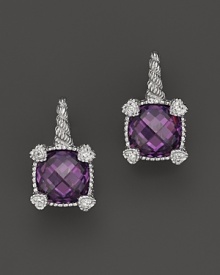 Brilliant purple crystal is framed with four petite hearts on these cushion stone earrings from Judith Ripka.