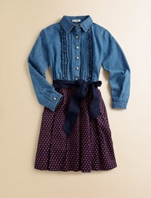 The timeless denim shirt with pintucking detail and a ruffled placket meets a colorful dot skirt for a fashion-forward ensemble.Shirt collarLong sleeves with button cuffsButton-frontBelted waistFull skirtCottonMachine washImported Please note: Number of buttons may vary depending on size ordered. 