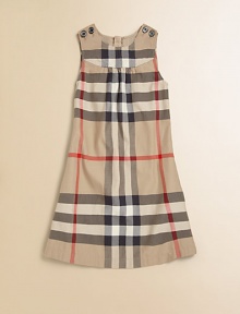 The classic check pattern adorns this plush cotton frock in an A-line silhouette with shoulder button detail.Round necklineSleevelessConcealed back zipperFront yokeA-line skirtCottonMachine washImported