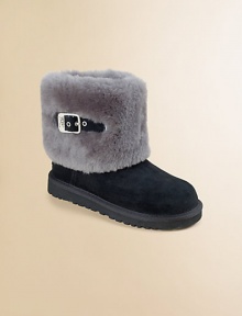 Comfy gets a dose of chic in these textural two-tone boots in suede and sheepskin with a gorgeous contrast buckle.Pull-on styleAdjustable buckleCow suede and sheepskin upperSheepskin liningPadded insoleEVA soleImported