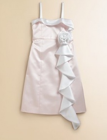 This beautiful, satin, pastel-hued frock with rosette and ruffle detail is extra special for every fancy occasion.SquareneckSleevelessSide zipperBack vented hemPolyesterDry cleanMade in the USA of imported fabric