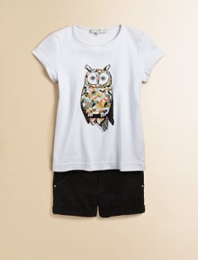 Wise and wondrous, a kaleidoscopic owl is brightly printed on the front of a shapely tee.Scoop neckline with narrow banded trimShort sleevesSubtle shaping through the waistPlain backCottonHand washImported