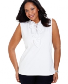 Flourishing with feminine flair, Jones New York Signature's sleeveless plus size top is a charming must-have for your casual wardrobe.