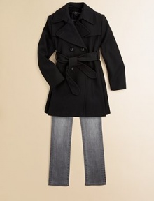 Back pleats freshen up this sophisticated trench-style peacoat, featuring belted waist.Notched lapelButton closureTie waistDual seam pocketsPleated backWool/polyester/viscoseFully linedMachine washImported