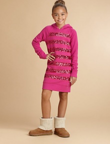 Cozy as her favorite fleece sweatshirt, dazzling with bands of sequins on front.Pullover dressAttached hoodLong raglan sleevesBanded cuffs and hemPolyamideDry cleanImported