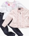 Have her looking chic from the start with this fun ruffly faux leather jacket, shirt and pants set by Calvin Klein.