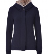 Cozy rabbit fur lines the hood of this ultra soft hoodie from Woolrich, making it the perfectly luxe finish to casual cool looks - Hood with rabbit fur lining, buttoned front, long sleeves, ribbed trim, slit pockets - Fitted - Team with casual knits, favorite skinnies and boots