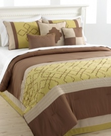 Decidedly modern, the Northgate comforter set offers a fresh look of soothing sophistication. This comprehensive set features an earthy palette embellished with embroidery and pleat details, complete with a coordinating bedskirt and three plush decorative pillows.