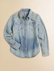 Playful hints of wear-and-tear and Western-inspired embroidery at the shoulders lend an authentic feel to a soft denim shirt.Pointed collarLong sleeves with pearlized snap barrel cuffsButton-frontSnap-flap patch pocketsShirttail hemCottonMachine washImported Please note: Number of buttons/snaps may vary depending on size ordered. 