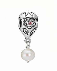 PANDORA's flower-engraved sterling silver charm features a punchy pink zirconia center and dangling white pearl accent.