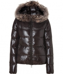 Stay warm while maintaining your impeccable style in this lightweight yet luxe down jacket from Duvetica - Fur-lined hood, front two-way zip closure, long sleeves, zip pockets, quilted - Wear with an elevated jeans-and-tee ensemble and shearling lined boots