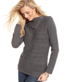 Stay warm in Karen Scott's soft sweater, featuring elevated touches like buttons at the neckline and textural cable-knit.