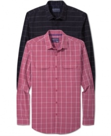 This American Rag button down has a sleek slim fit and a classic plaid design.