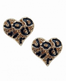 Fall for fierce prints. GUESS earrings feature a wild leopard print design in black enamel and sparkling crystal. Post setting crafted in gold tone mixed metal. Approximate diameter: 1-3/4 inches.