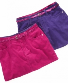 Traditional corduroy in rich, jewel-tone hues. Add a boost of pop-bright color to her wardrobe with this belted skort from Guess.